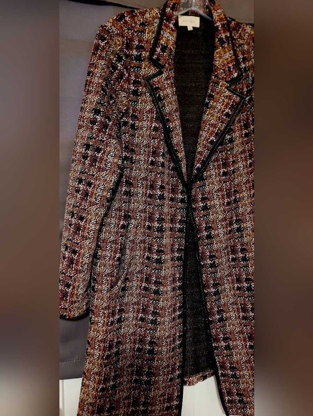 MellowDay Women's Long Tweed Style Jacket With Faux Leather Lining Sz XL - Picture 3 of 12
